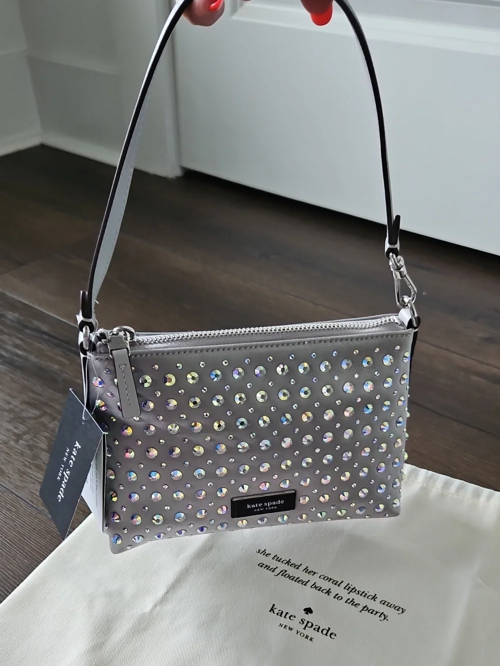 NWT Kate Spade Silver Lulu Crystal Embellished East West Pochette + Dusty